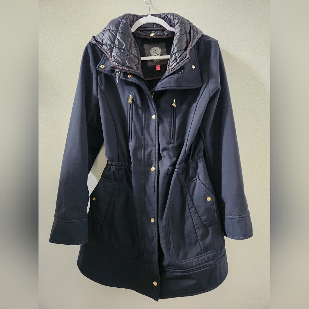 Vince Camuto Navy 3/4 Length Cold Weather Coat Zip Out Puffer Jacket Hood Size L